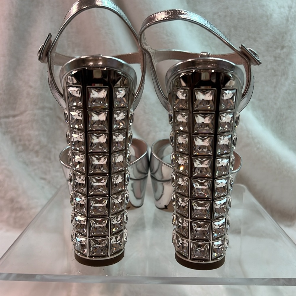 Miu Miu Platform Silver Shoes With 5 1/2” Crystal… - image 2